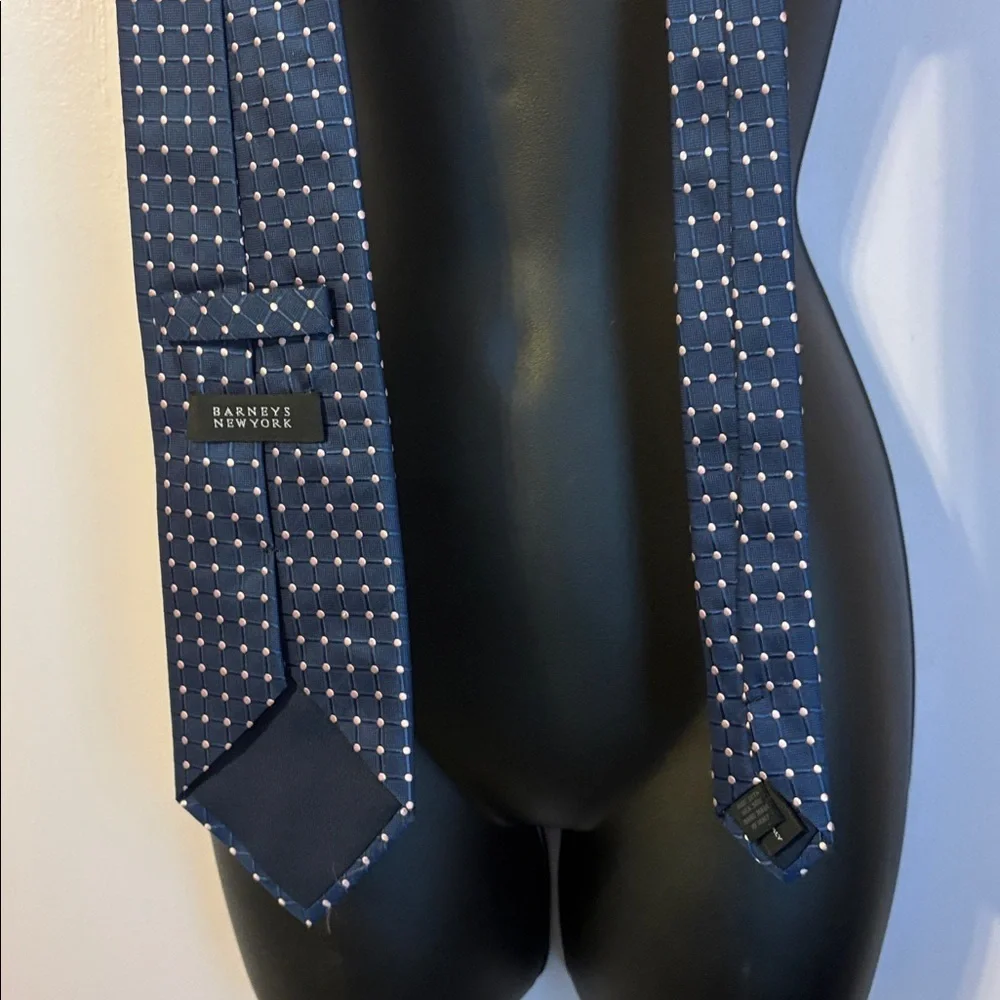 Barneys New York Blue With Pink Polka Dot Windowpane Design Silk Necktie Tie